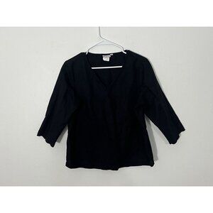 Hot Cotton Linen Blend Top Shirt Womens Size Medium Petite Black V-Neck Solid